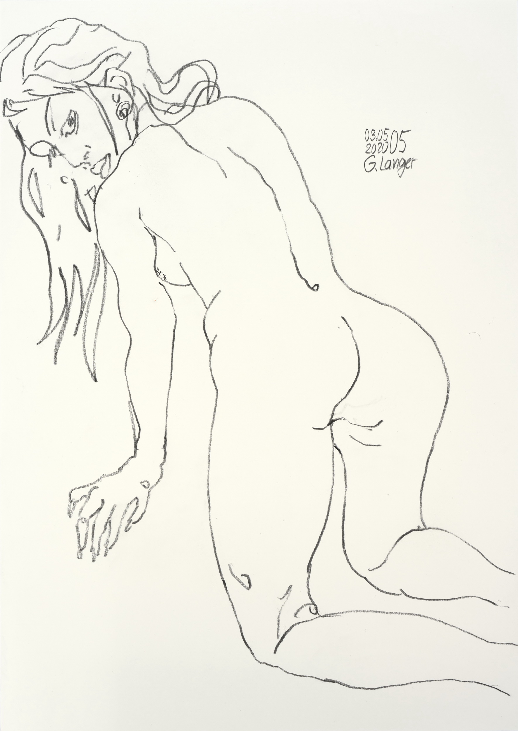 Gunter Langer, Kniendes nacktes Mädchen, 2020, Zeichenpapier, 59 x 42 cm